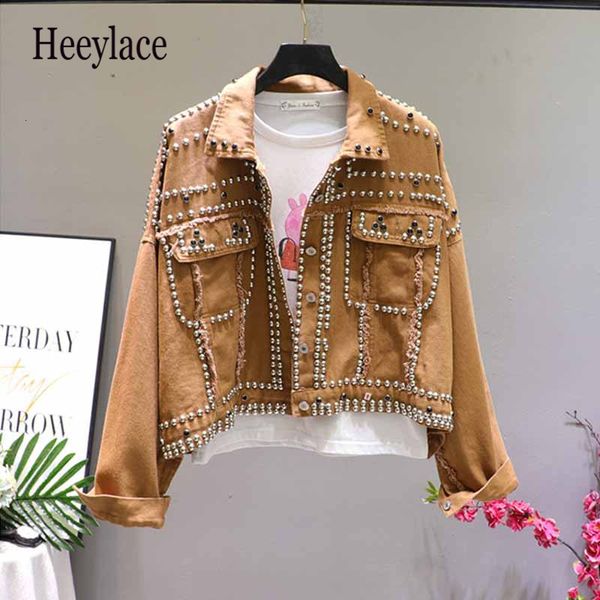 

autumn studded frayed women's denim jacket long sleeve women's jackets large size outerwear irregular jeans jacket streetwear, Black;brown