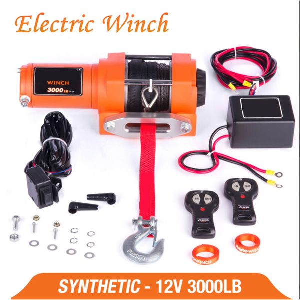 

12v 3000lb remote control set electric winch heavy duty atv trailer high strength nylon rope electric winch