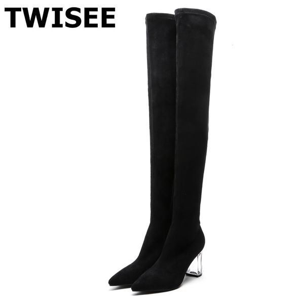 

women over the knee boots selling autumn warm point toe pumps woman casual shoes comfort flock leather shoes, Black