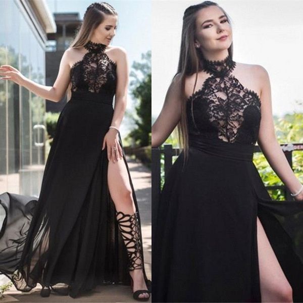 

2020 modern split side evening dresses keyhole neck a line chiffon lace prom gowns bc3606