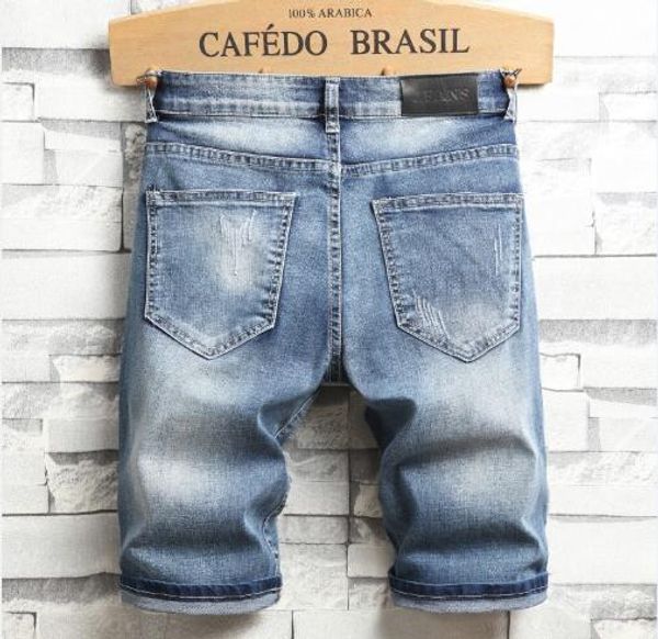 

2019 designersummer mens jeans denim short slim straight wolf head embroidery hole washed pants street hip hop style wholesale, Blue