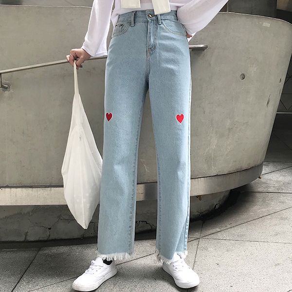

summer jeans women 2019 new retro tassels old jeans loose high waist harajuku love embroidered denim trousers female #6335, Blue
