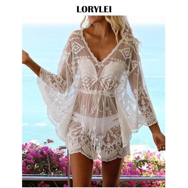 

2019 new see through v-neck high waist summer beach dress women beachwear sheer lace tunic mini dress sarong plage n852, Blue;gray