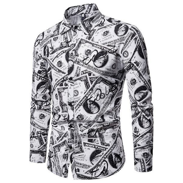 

all dollars print mens designer shirts fashion panelled long sleeve lapel neck mens shirts casual males clothing, White;black