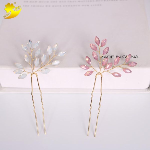

xinyun simple and lightweight handmade golden u-shaped hairpin bridal wedding hair accessories sweet crystal ladies hair sticks, Golden;white