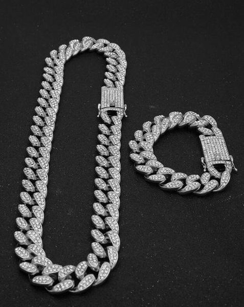 

13mm iced out cuban necklace bracelet set chain hip hop jewelry choker gold silver color rhinestone cz clasp for mens rapper necklaces link