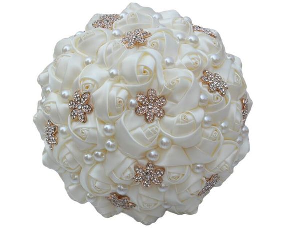 

2020 champagne soft satin bouquet brooches for bridal bouquets pearls crystal flowers bridesmaid hand holding wedding decoration accessories