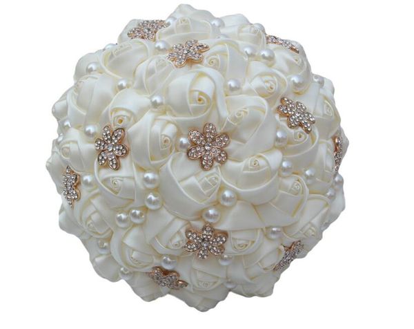 2020 champanhe macio cetim buquê broches para buquês de nupcial pérolas flores de cristal de dama de honra segurando acessórios de decoração de casamento