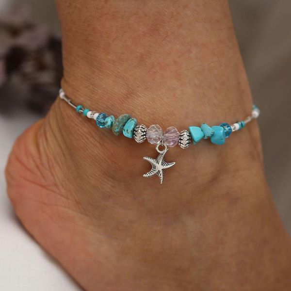 

europe and america new style accessories turquoise yoga bracelets beach pendant starfish pearl retro anklet, Red;blue