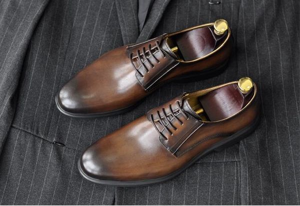 

new fashion men's shoes formal dress business oxfords mix colour handmade vintage luxury smart casual genuine leather derby shoe, Black