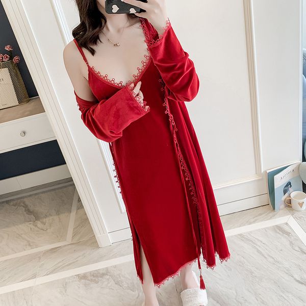 

women burgundy velour robe gown set spring autumn bathrobe set 2 pieces solid kimono nightdress sleepwear nightwear, Black;red