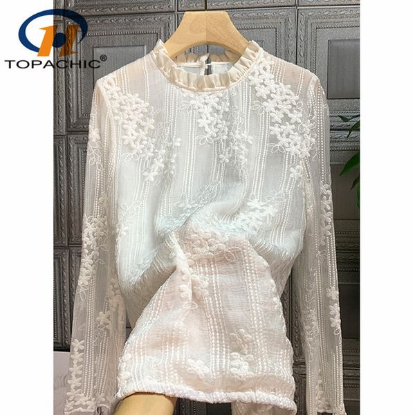 

1,11 2020 ранняя весна новая мода elegant 100% silk shirt женщины ruffled воротник двухслойный вышивки темперамент блуза, White