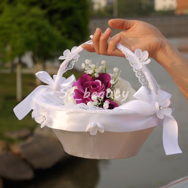 

white elegant flower girl basket beautiful round silk wedding favors accessory h5626