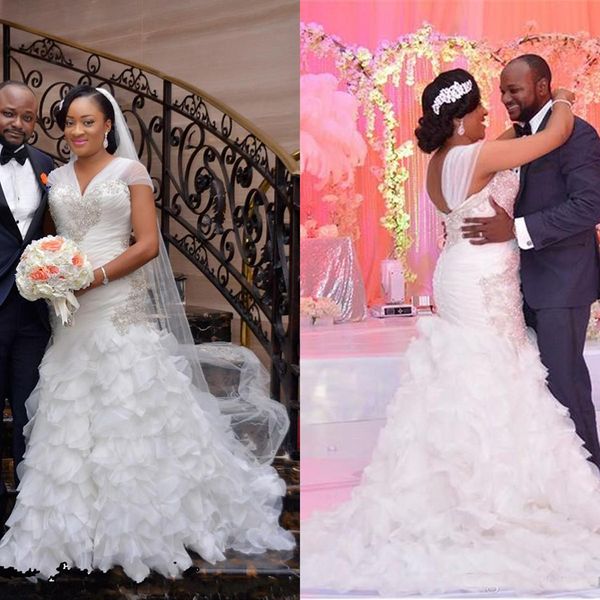 

African Plus Size Mermaid Wedding Dresses Cap Sleeves Organza Tiered Ruffles Corset Back Formal Bridal Gowns Beads Wedding Party Gowns