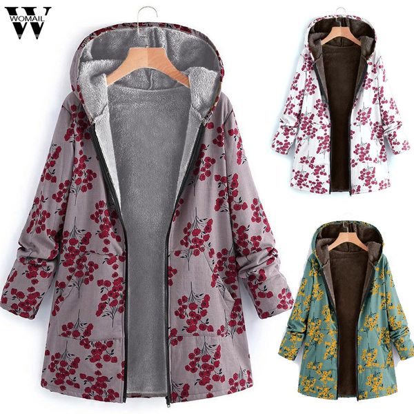 

womail женщин пальто женщин зима теплая outwear цветочные печати с капюшоном карманы урожай broadcloth пальто женщин abrigo 2019 s-5xl, Black
