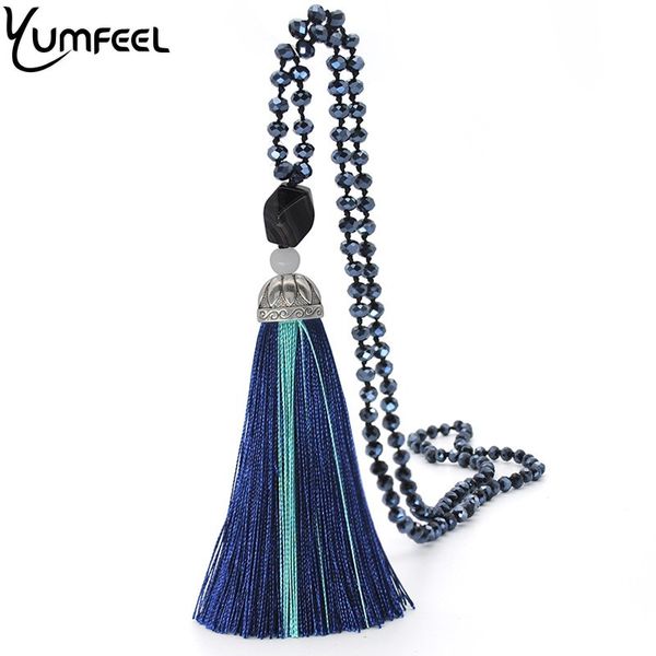 

yumfeel new tassel pendant necklace faceted glass crystal beads long necklace women jewelry gifts, Silver