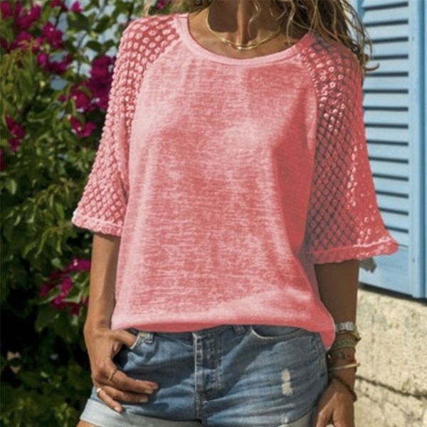 

женская мода лето повседневная футболки плюс размер с коротким рукавом выдалбливают шить кружева блузки конфеты цвет свободные повседневные, White