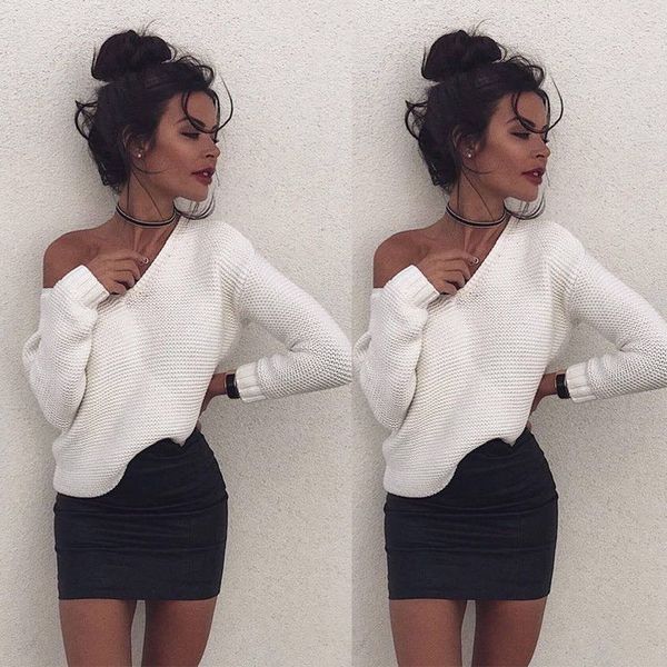 

womens long sleeve pullover casual shoulder sweaters jumper autumn coat, White;black