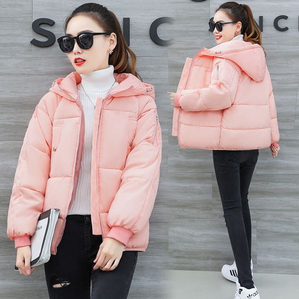 

2019 hooded women winter jacket short cotton padded womens coat autumn feminino large size black white color parka stand collar