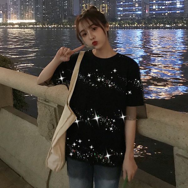 

women's clothing vintage solid sling sequins tshirt loose chic mesh o-neck short sleeve hipster tees new summer t-shirts, White