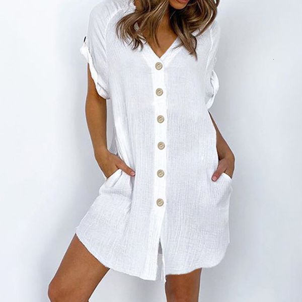 

s-5xl vintage linen cotton celmia shirt mini dress women v-neck short sleeve summer sundress casual buttons beach vestido 7