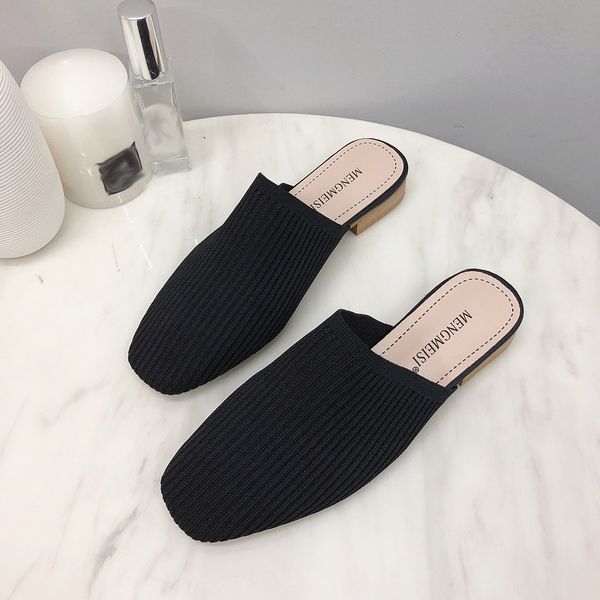 

summer baotou half women's slippers fashion woven ladies beach shoes versatile low with female slippers zapatos de mujer, Black