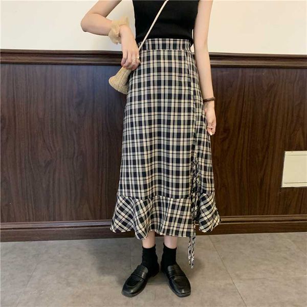 

elegant summer pleated skirt korean plaid print long skirts women high waist vintage a-line lace office maxi skater jurken saia, Black