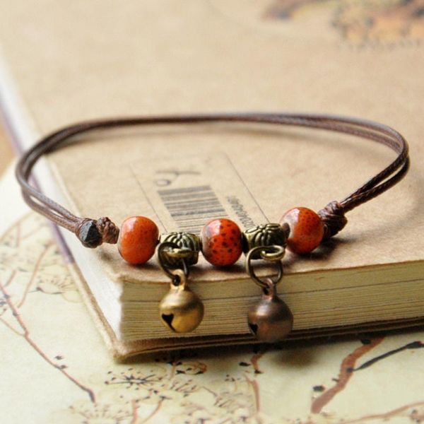 

chinese style handmade artificial ceramic handmade knit anklet with small bell lucky anklet women bracelet gift, Red;blue