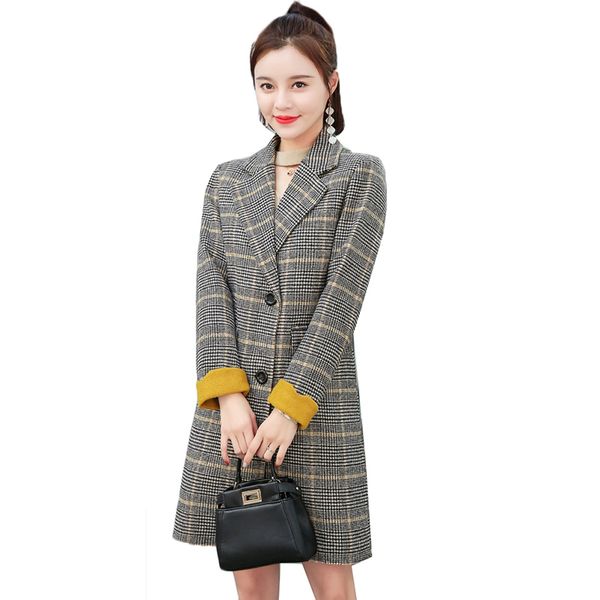 

women woolen coat 2019 autumn winter fashion tartan coat korean slim large size office female suit jacket long outerwear aa550, Black