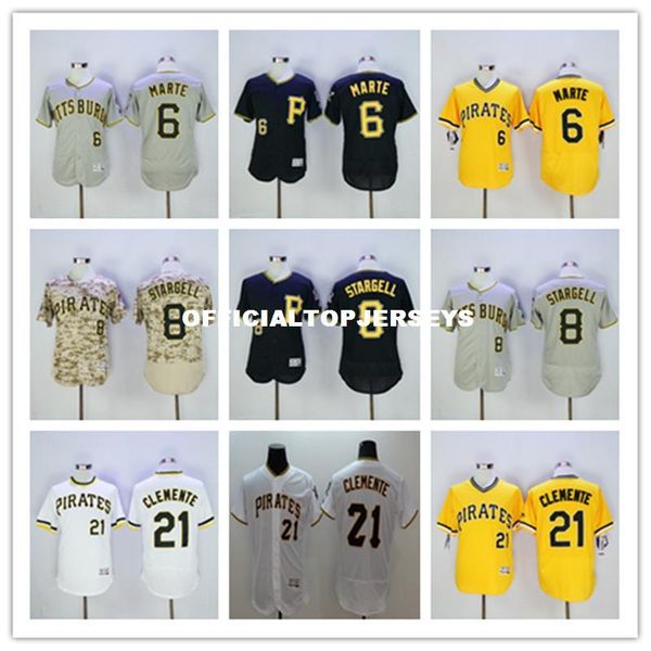 

2019 mens #6 starling marte 21 roberto clemente 100% stitched flexbase retro jerseys color gray white black 01, Black;blue