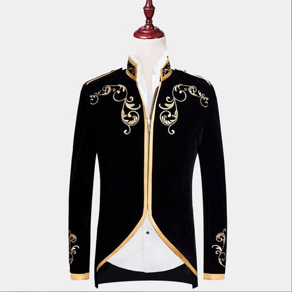 

gentleman black velvet jacket with gold embroidery mandarin collar jacket knight mens suits custom made one piece coat zipper, Black;gray