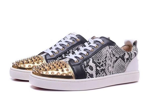 

new mens womens gloden spikes toe with snakeskin leather red bottom low sneakers,designer brand genuine leather flat causal shoes 36-46, Black