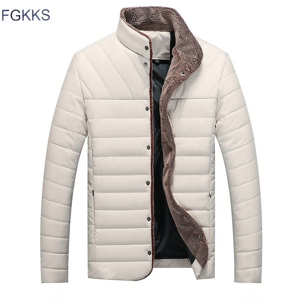 

fgkks brand casual men jacket winter warm men's solid color cotton blend mens jacket coats casual zipper thick outwear, Black;brown