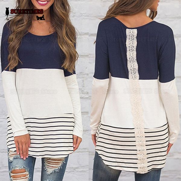 

womens and bluas 2019 fashion back lace t-shirts striped long sleeve tee tunic shirts jumper nice blusas femininas, White