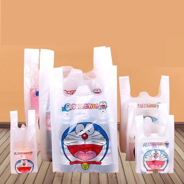 

50pcs quality doraemon drinks bags for packaging vest shape takeout plastic bag toys lunch box package bags wholesale