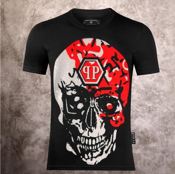 

spring summer luxury designers t-shirts men's casual tees fashion crystal rhinestone skull print tshirt men streetwear hip hop rock, Black;brown