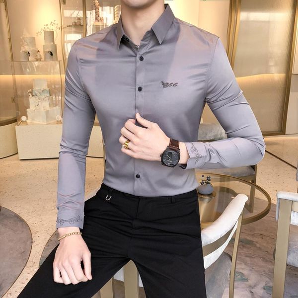 

высокое качество мужчины рубашка мода 2019 длинным рукавом бизнес формальный носить рубашки для мужчин уличная свободного покроя приталенный, White;black