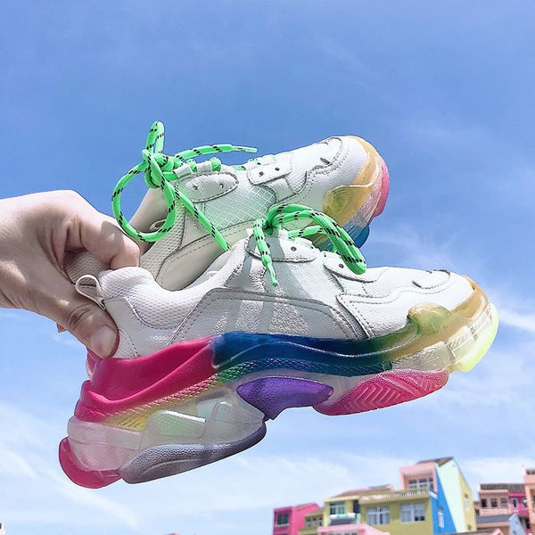

shujin colorful jelly bottom casual shoes women vulcanized shoes woman mesh running comfortable round head lace up sneaker, Black