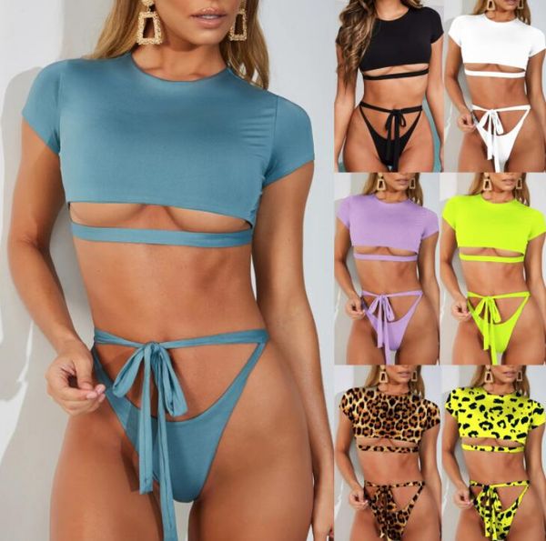 

shop beach women's one piece solid split swimwear half sleeve split swimwear women girls flexible stylish beach bikini sets swimming