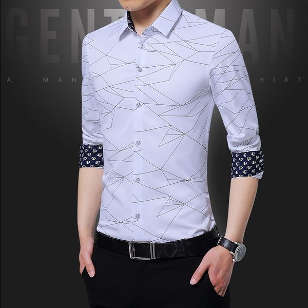 

brand well-designed mens dress shirts men shirt long sleeve geometric print party shirt roll sleeve fashion blouse for man, White;black
