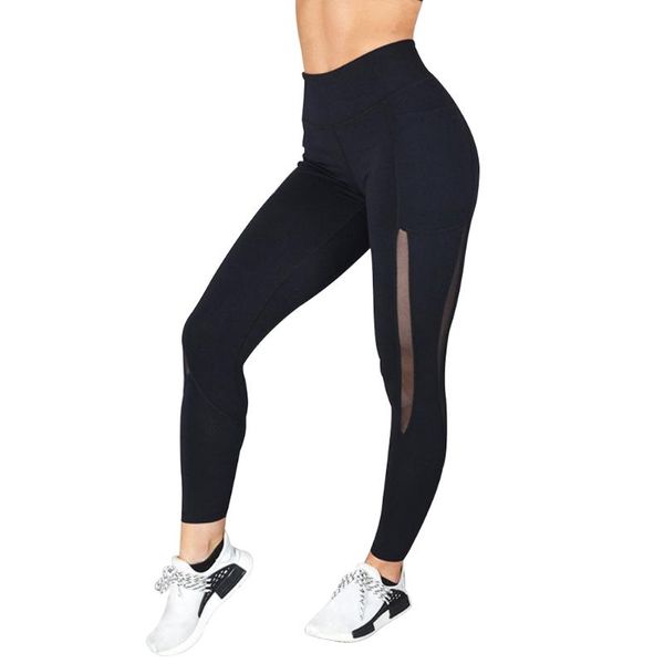 

women fashion pocket adults training running long yoga pants fitness leggings sports casual solid mesh polyester high waist, White;red