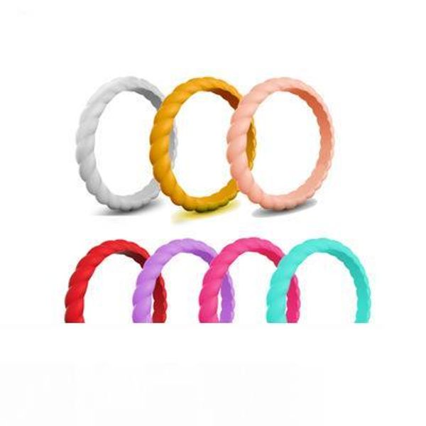 

7pcs set twist silicone ring 3mm braid rubber flexible finger band rings wedding engagement classical stackable braid hypoallergenic jewelry, Slivery;golden