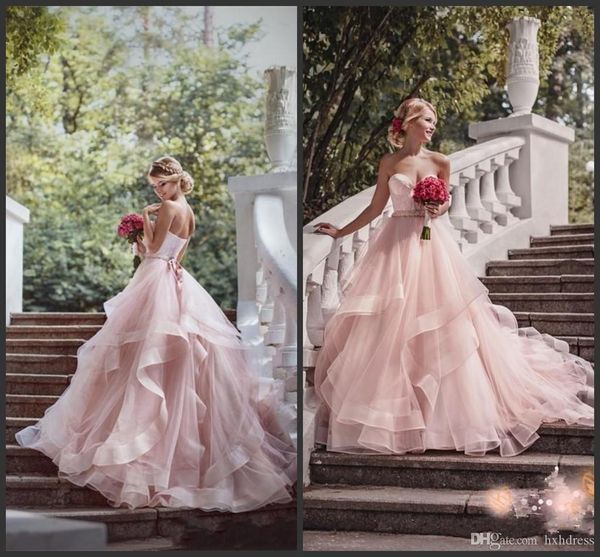 

bohemian bridal dresses with sweep train new blush pink garden wedding dresses with ribbon sweetheart beads ruffles skirt princess 764, White