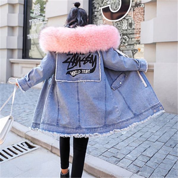 

2019 winter cotton clothing large fur collar thicken plus fluffy liner removable two-piece long denim coat women jacket v1128, Black