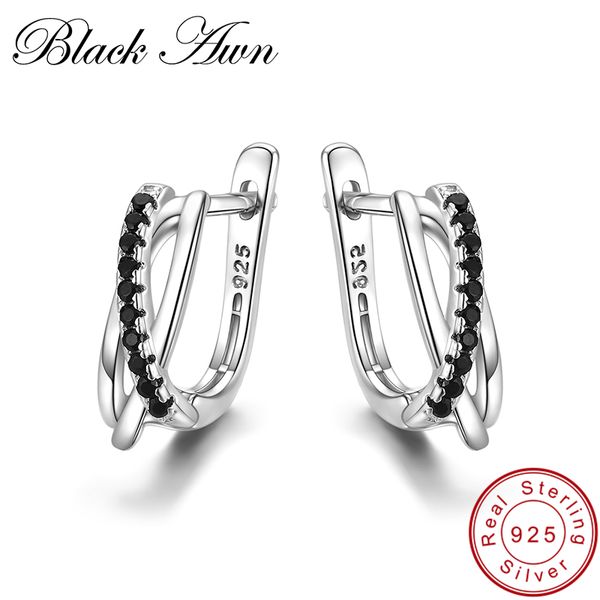 

black awn] genuine 925 sterling silver earrings hoop earrings for women black spinel silver 925 jewelry i023, Golden;silver