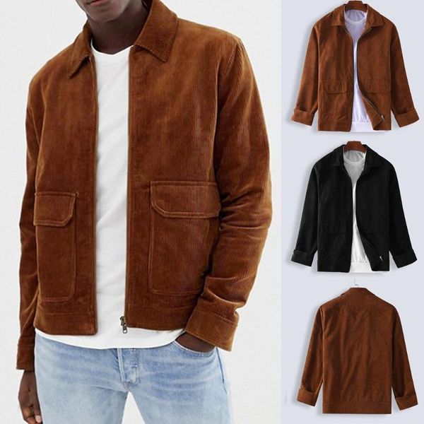 

spring autumn mens coats brief style corduroy solid warm casual long sleeve jackets zipper chaqueta de los hombres 2020 new, Black;brown
