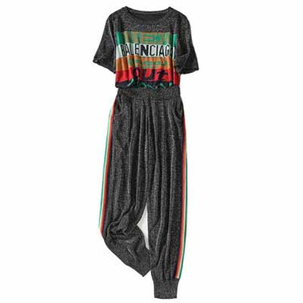 

womens designer clothing set casual outfit new online celebrity knitted two-piece letter short-sleeved t-shirt + sports pants suit sale, White
