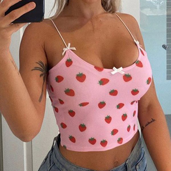

летний женский жилет новый сладкий лук клубники печати мода crop tops женщин backless рукавов верхней части пробки, White