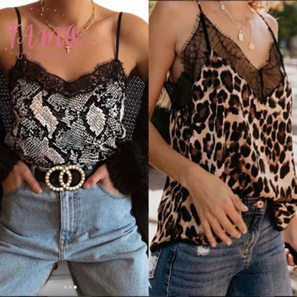 

2019 новое лето cami женщин сексуальный рукавов v шеи leopard snake печать camis кружева тонкий club party top бретели dropship, White