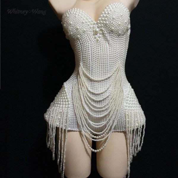 

whitney wang pearls beading halter bodysuit dress women singer costume outfit party dresses stage show wear night club dress, Black;red